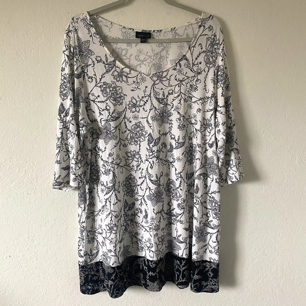 J Jill Womens Blouse Shirt Floral Spring White Size L Scoop Neck Color Block